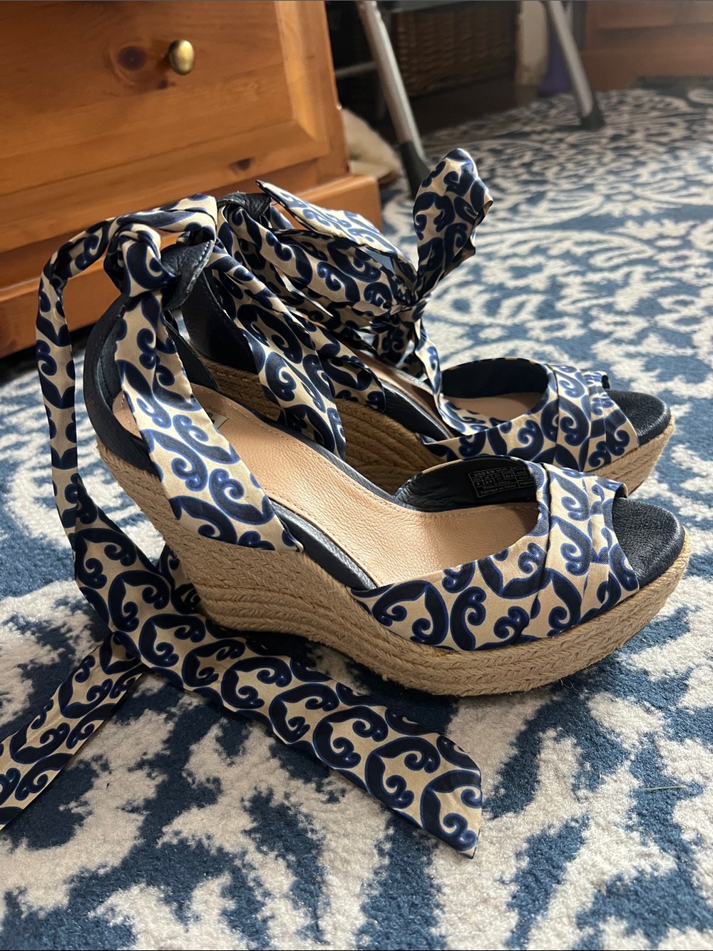 UGG Navy and Cream Patterned Espadrille Wedges
